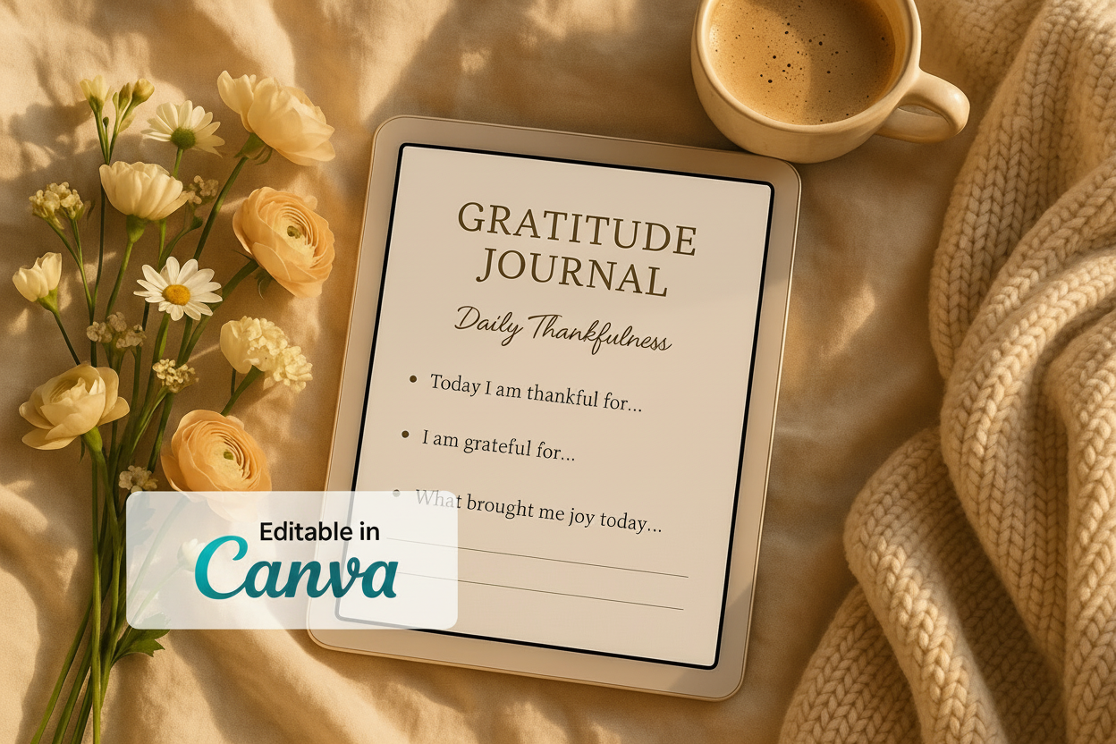 Gratitude Journal Flat Lay Mockup with Canva Badge