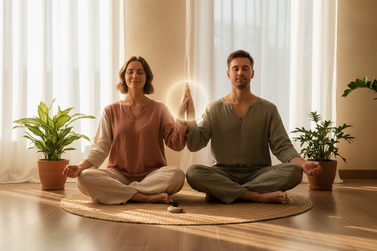 a couple sitting together in a mediation pose feeling aligned and connected