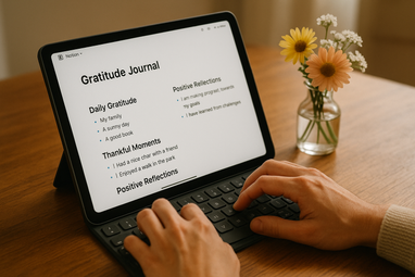 Hands Typing Gratitude Entries on Tablet