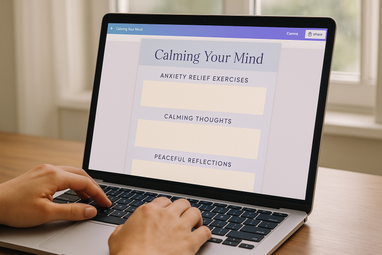 Hands Using Calming Journal on Laptop